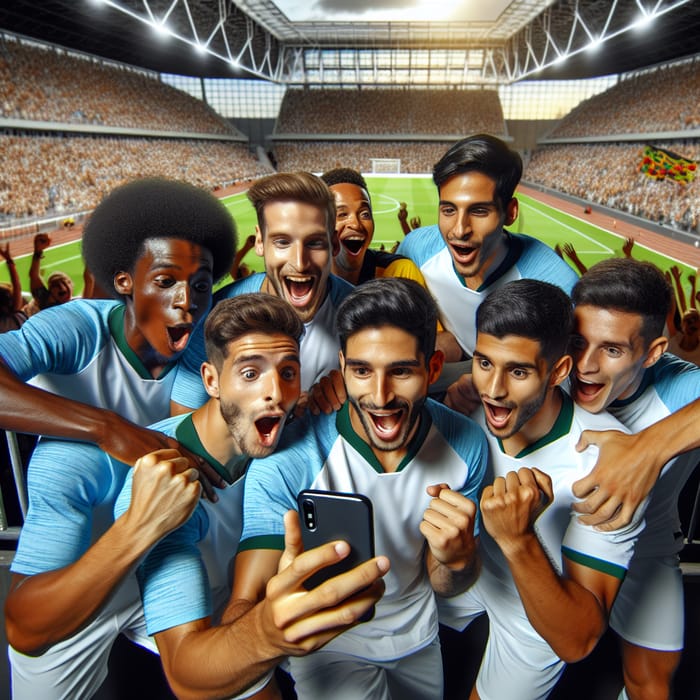 Football Players Celebrating in Stadium with Mobile Phone