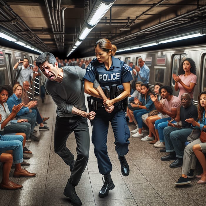 Police Arrests Subway Thief - Female Officer in Action