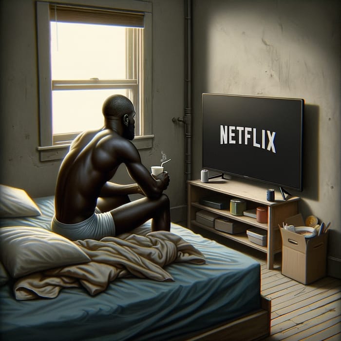 Realistic Depiction of Black Man Watching 32-Inch TV in Urban Low-Income Setting