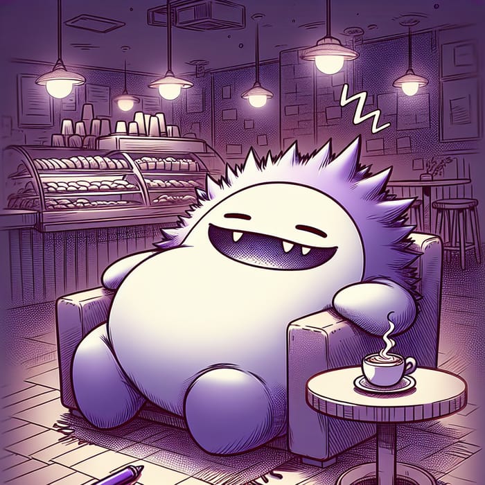 Chubby Ghost Creature Napping in a Cozy Cafe