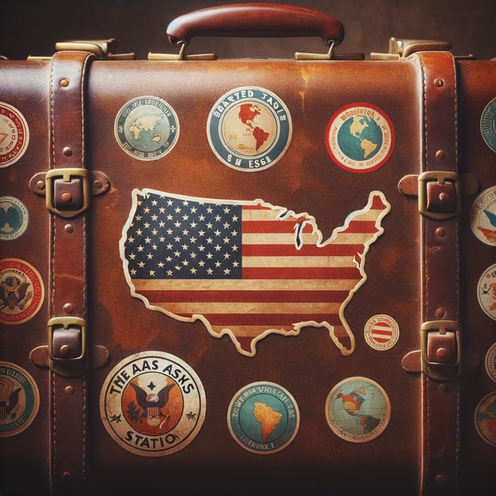 Vintage Leather Suitcase with Global Destination Stickers and the United States Outline