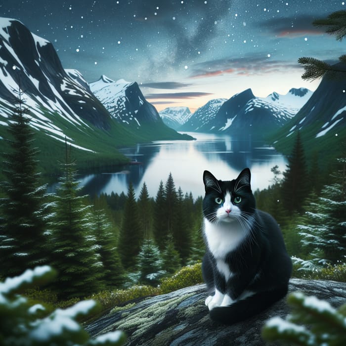 Tuxedo Cat in Nordic Landscape | Serene Fjord