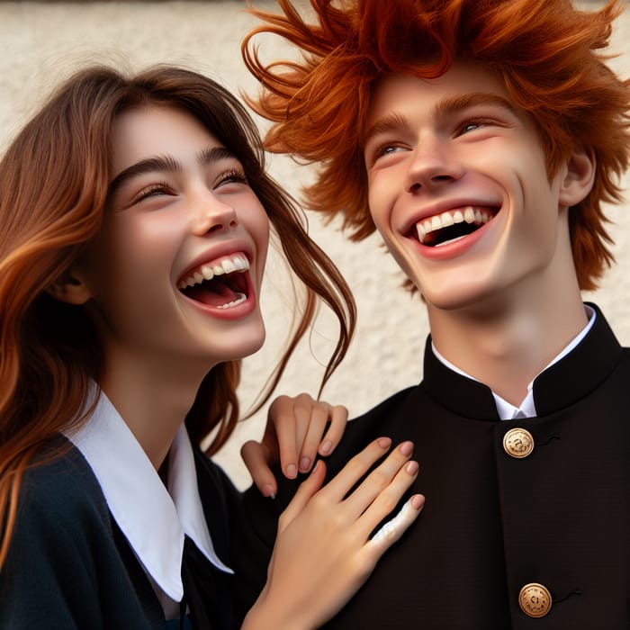 Joyful Moment: Laughing Girl and Redhead Boy in Japanese Uniform