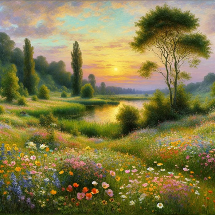 Impressionist Nature Painting: Meadow, Lake, Trees