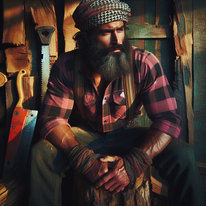 Robust Middle-Eastern Lumberjack in Pink Flannel Shirt