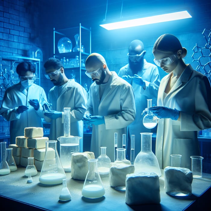 Diverse Chemists in Blue-Hued Underground Lab | Beakers & Compounds
