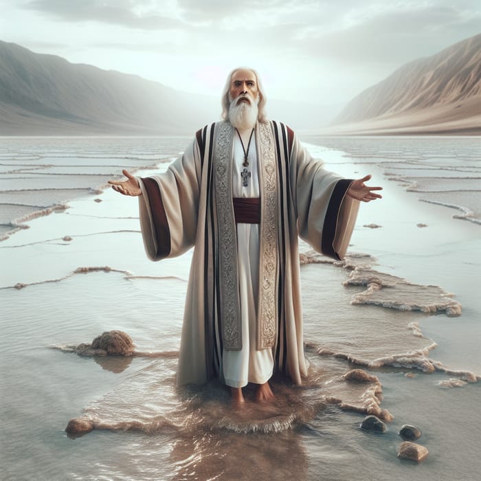 Elderly Religious Figure Parting Great Salt Lake - Biblical Scene