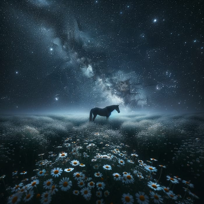 Serene Chamomile Field with Majestic Horse and Starry Sky