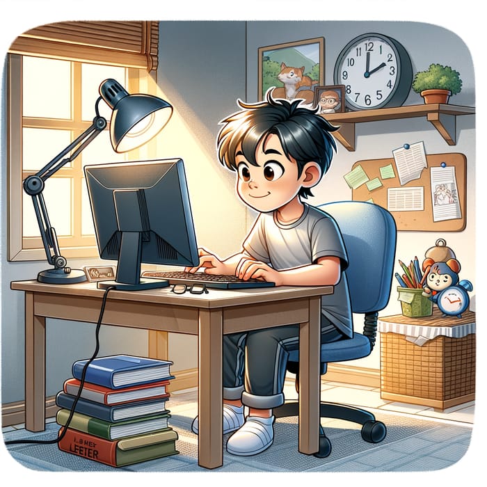 Young East Asian Boy Deeply Engrossed in Learning on Computer