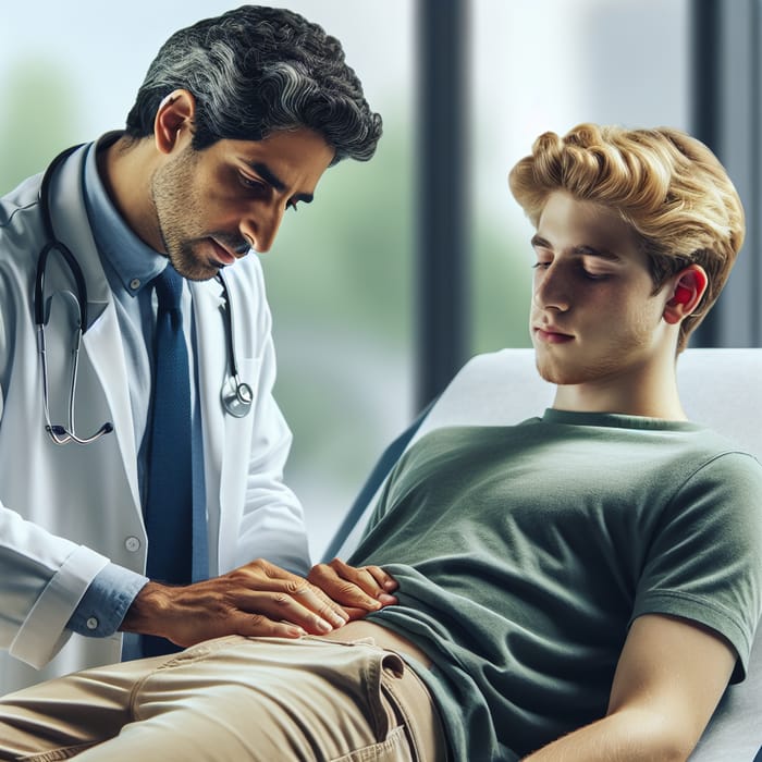 Male Doctor Examining Abdominal Cavity of Young Blonde Man