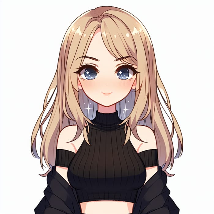 Stylish Anime Girl with Long Blonde Hair in Black Crop Top
