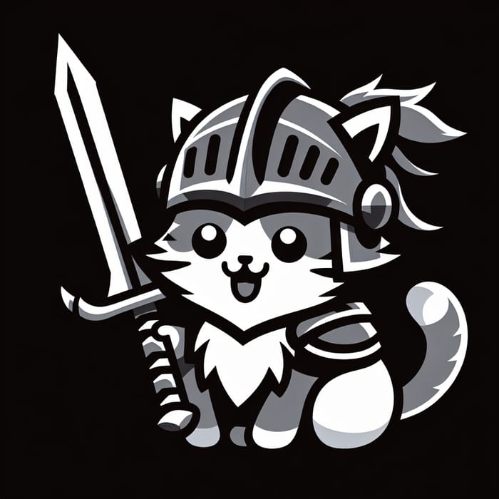 Cat in Helmet and Sword: Grey & White Color Scheme