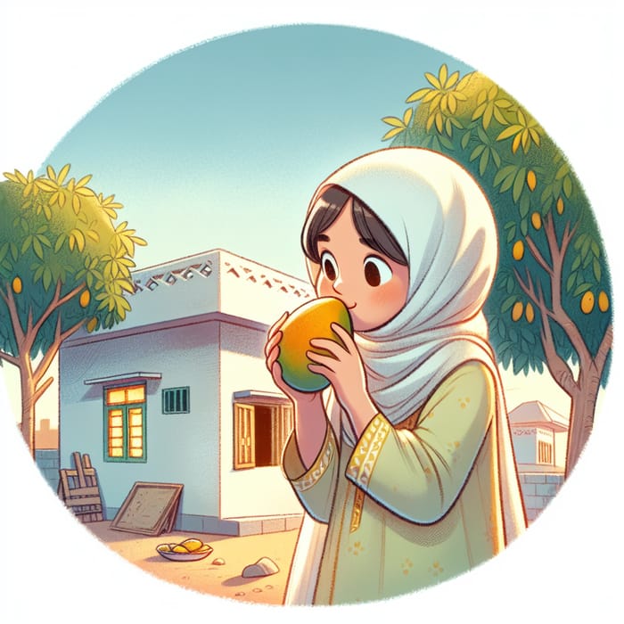 Middle-Eastern Girl Eating Mango and Playing Outside Her Small House