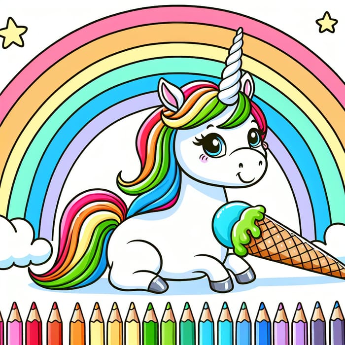 White Unicorn with Rainbow Mane and Ice Cream Horn
