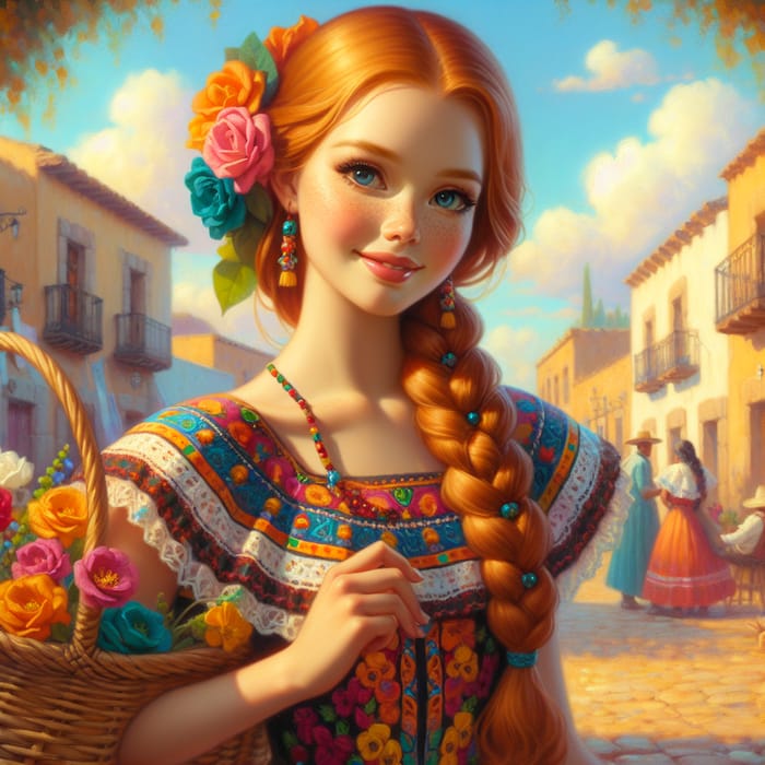 Mexican Girl with Tan Skin and Ginger Hair Carrying Flowers in Colorful Dress
