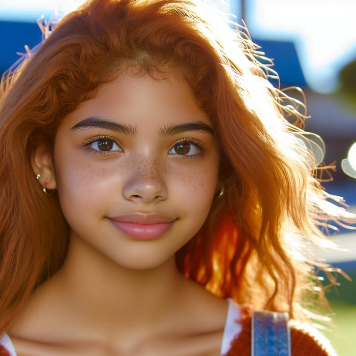 Hispanic Girl with Tan Skin and Ginger Hair in Radiant Outdoor Portrait