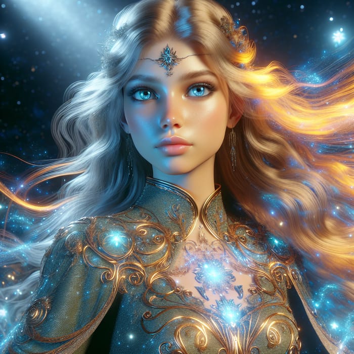 Ethereal Warrior: Golden Hair, Sapphire Eyes, Moonlight Garments