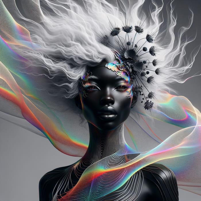 Surreal African Model in Radiant Veil and Fractal Threads