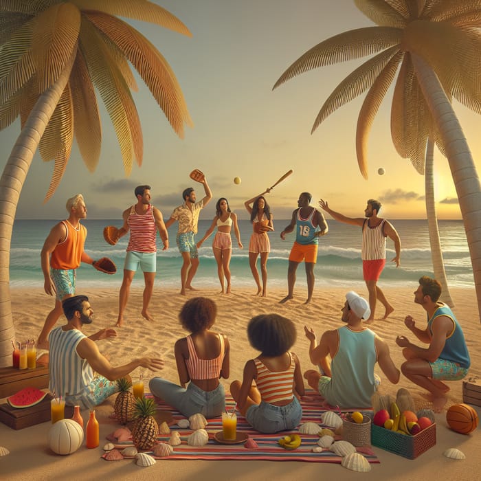 Tropical Beach Softball with Diverse Players | Serene Sunset Scene