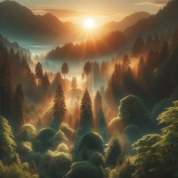 Serene Sunrise in Lush Mountain Forest - Ethereal Nature Beauty