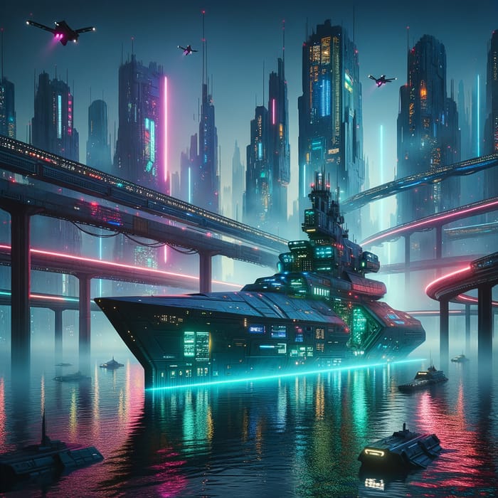 Cyberpunk Warship in Neon Cityscape