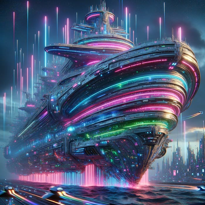 Cyberpunk Cruise Ship with Neon Lights