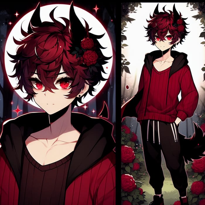 Anime-Style Male Character with Red Hair, Wolf Features & Demon Horns