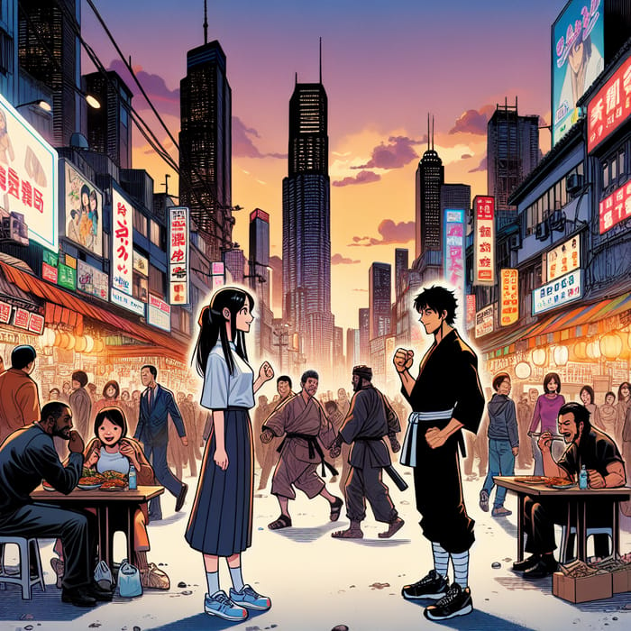 Colorful Manga Cityscape with Diverse Character Conversations