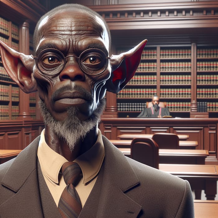 Emaciated Black Man with Pointed Ears in Courtroom