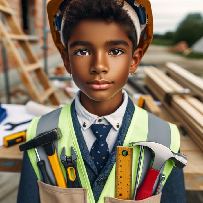 10-Year-Old American Boy in Builder Attire with Tools