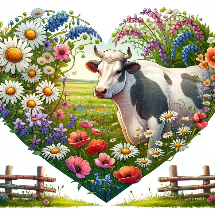 Gentle Cow Surrounded by Wildflowers in Heart-Shaped Meadow