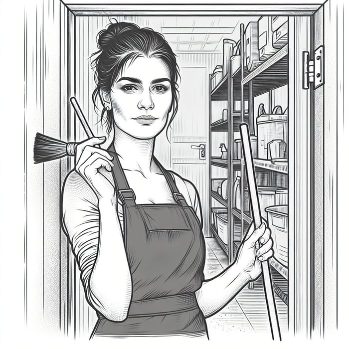 Fine Line Sketch of European Cleaning Lady in Gray Apron