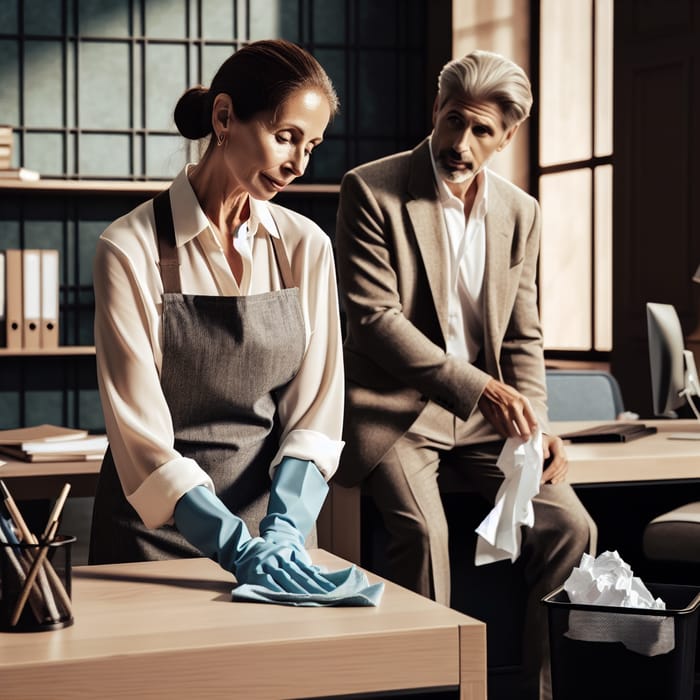 European Cleaning Lady and Husband in Warmly Lit Office Scene