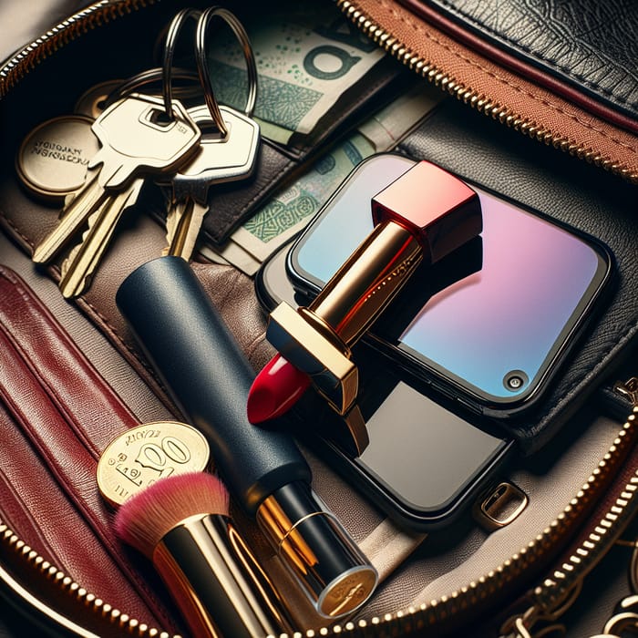 Inside Woman's Purse: Keys, Lipstick, Mirror, Wallet, Smartphone