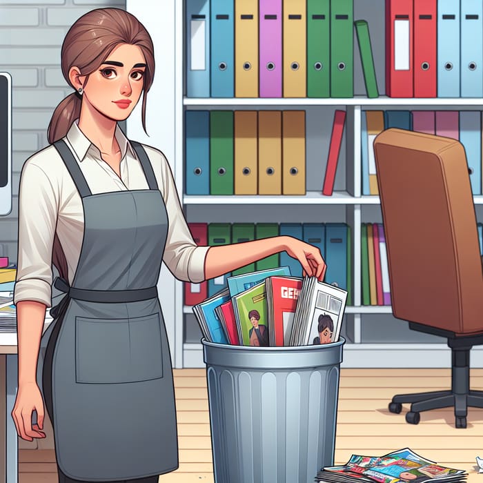 Colorful Magazines in Office Scene - Cleaning Lady Picking Up Waste Bin