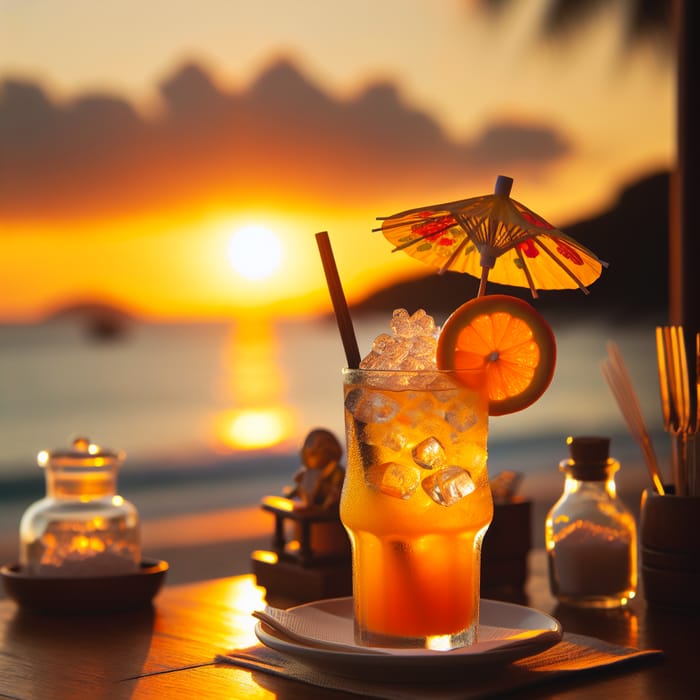 Icy Orange Juice with Fruit Garnish on Sunset Table