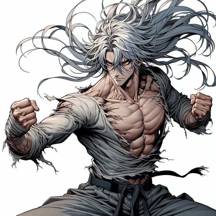 Dynamic Anime Character with Wild Silver Hair in Intense Fighting Pose