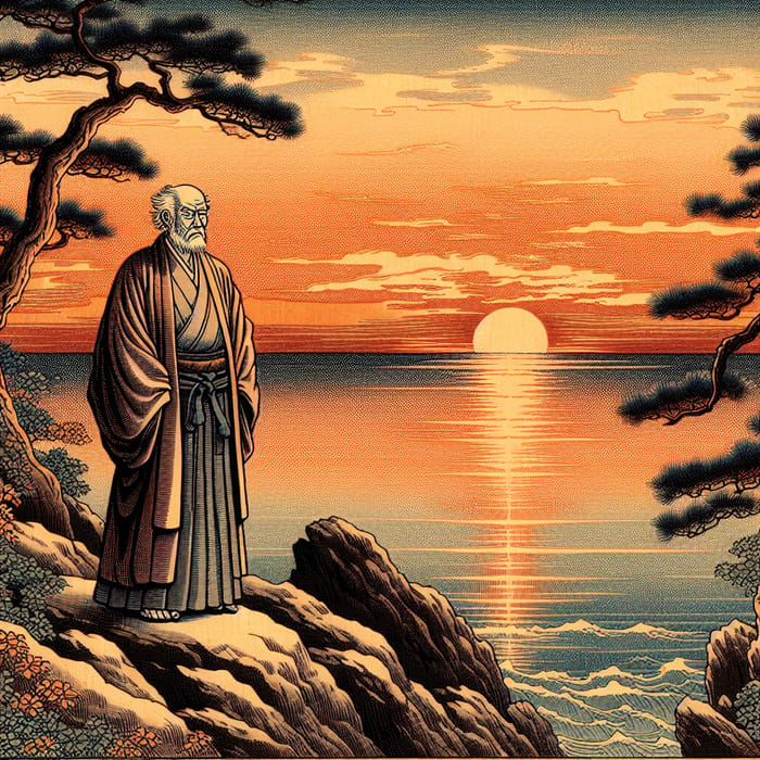 Tranquil Scene in Japanese Art | Sage Watching Sunset