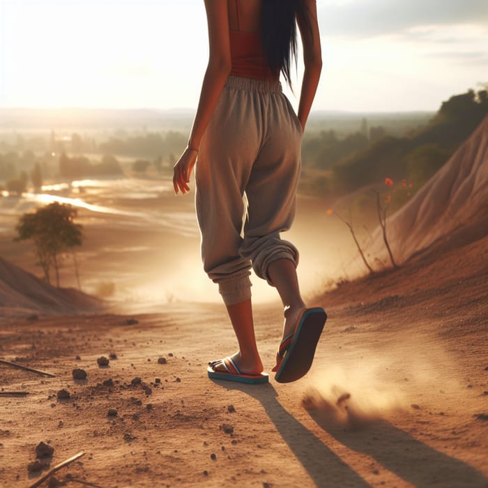 Peaceful Landscape: Woman Walking in Flip-Flops on Earth