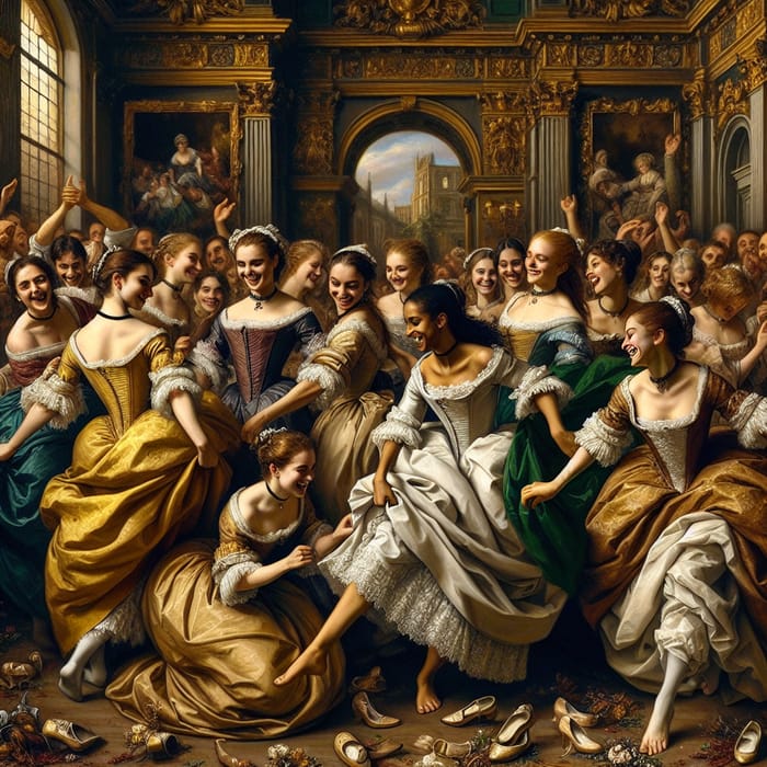 Baroque Style Painting of Joyful Multicultural Girls Dancing in Grand Hall
