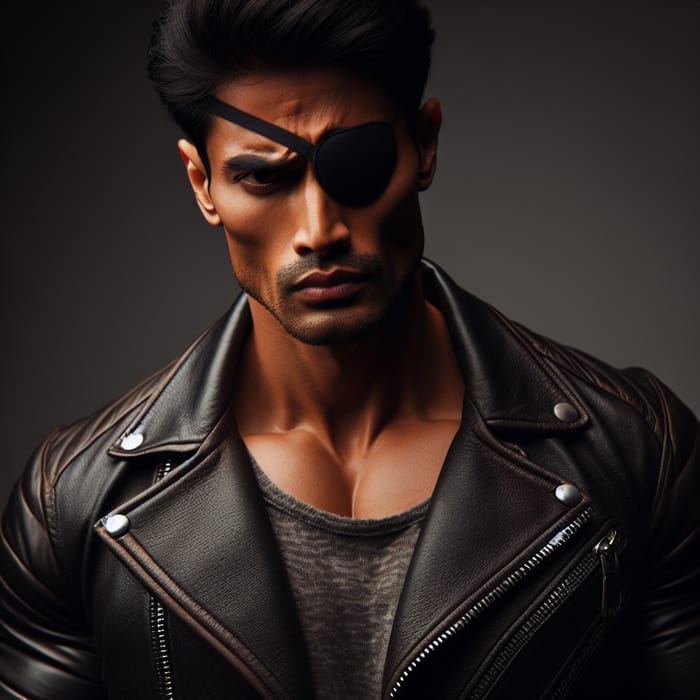 Confident Athletic South Asian Man in Leather Jacket with Eyepatch