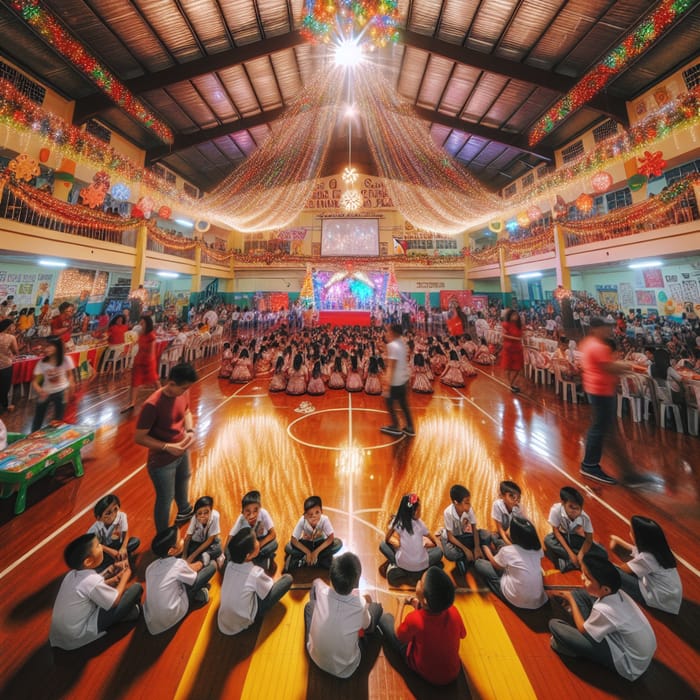 Festive Christmas Party Atmosphere in Colorful School Gym
