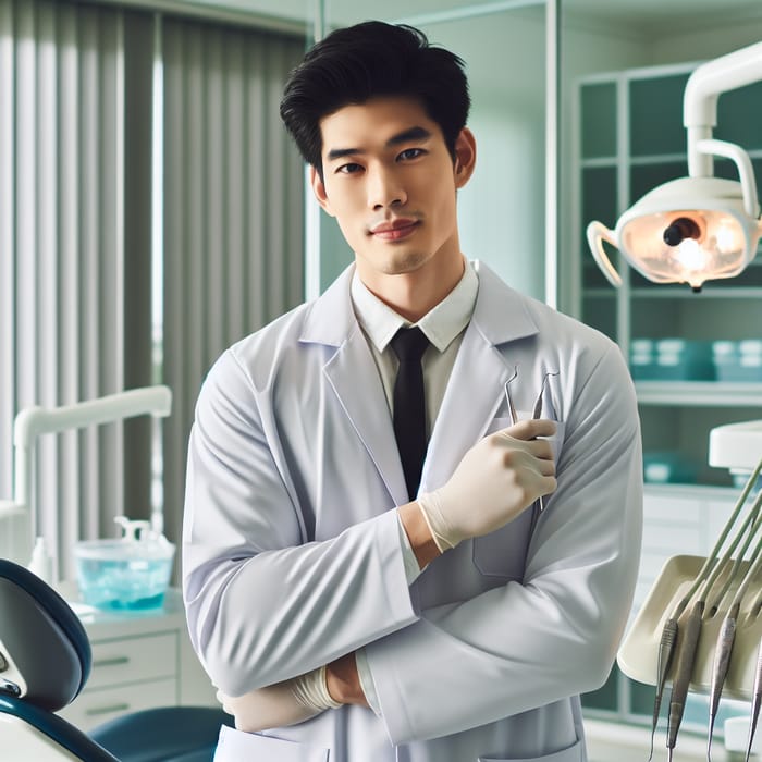Professional Asian Dentist with Dental Instruments | Modern Clinic Setup