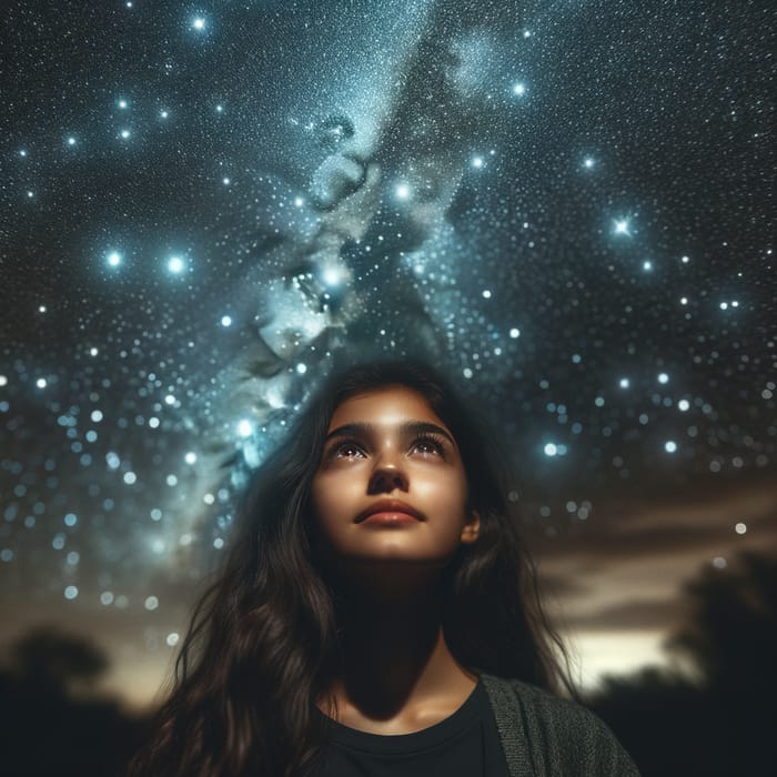 Enchanting Night Sky: Girl Stargazing Under Twinkling Stars