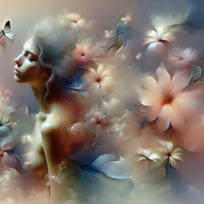 Dreamlike Portrait of a Woman Amid Ethereal Flowers and Pastel Delights