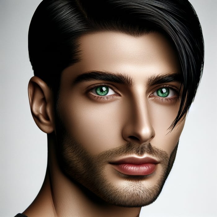 Visually Striking Man with Captivating Green Eyes and Sleek Black Hair