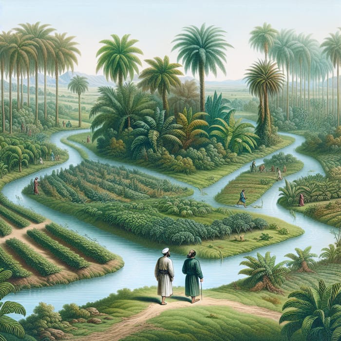 Men Walking Through Lush Gardens with Palm Trees