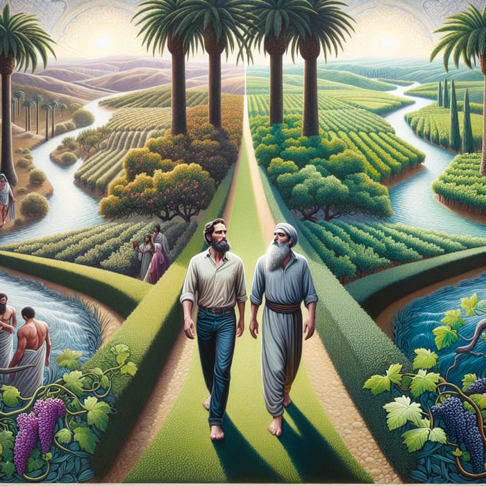 Men Walking Through Lush Gardens with Rivers Nearby