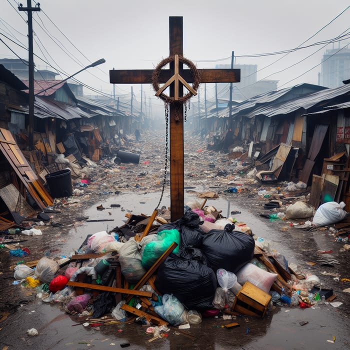 Wooden Cross Standing amidst Urban Decay - Symbolizing Resilience and Hope