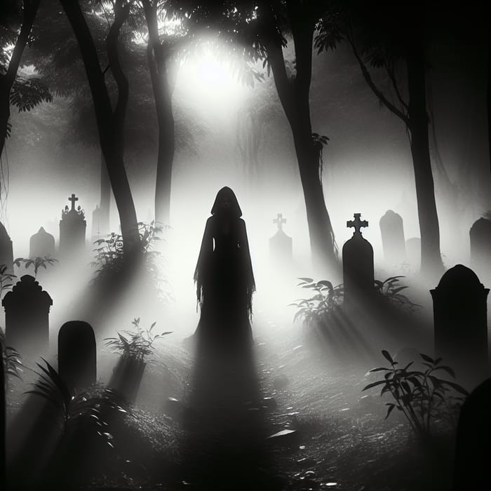 Mysterious Figure in Gothic Graveyard, Haunted Ambiance